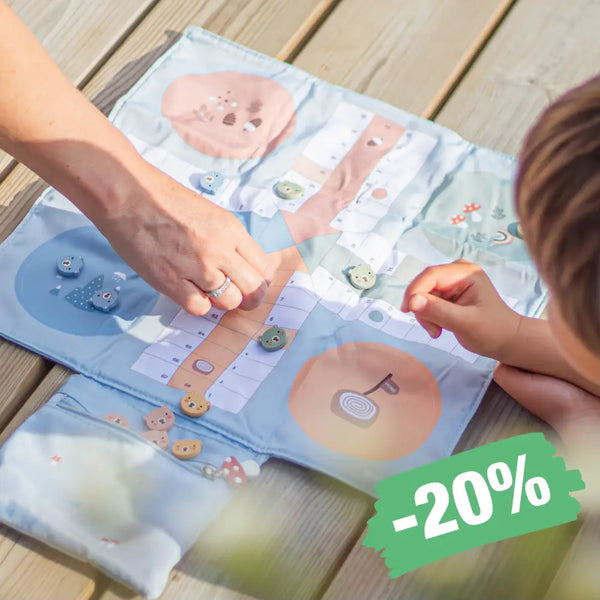 Ludo-Monnëka spil – sammenfoldeligt stofbræt med farverige brikker