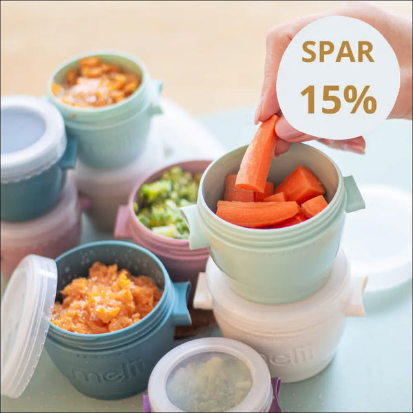 Flerfarvede babymadsbeholdere – hægtes sammen vandret for nem opbevaring